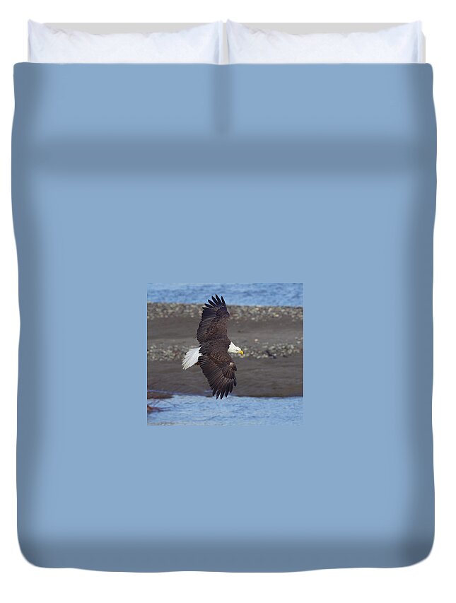 Bald Eagle Duvet Cover featuring the photograph Checking out the river by Elvira Butler
