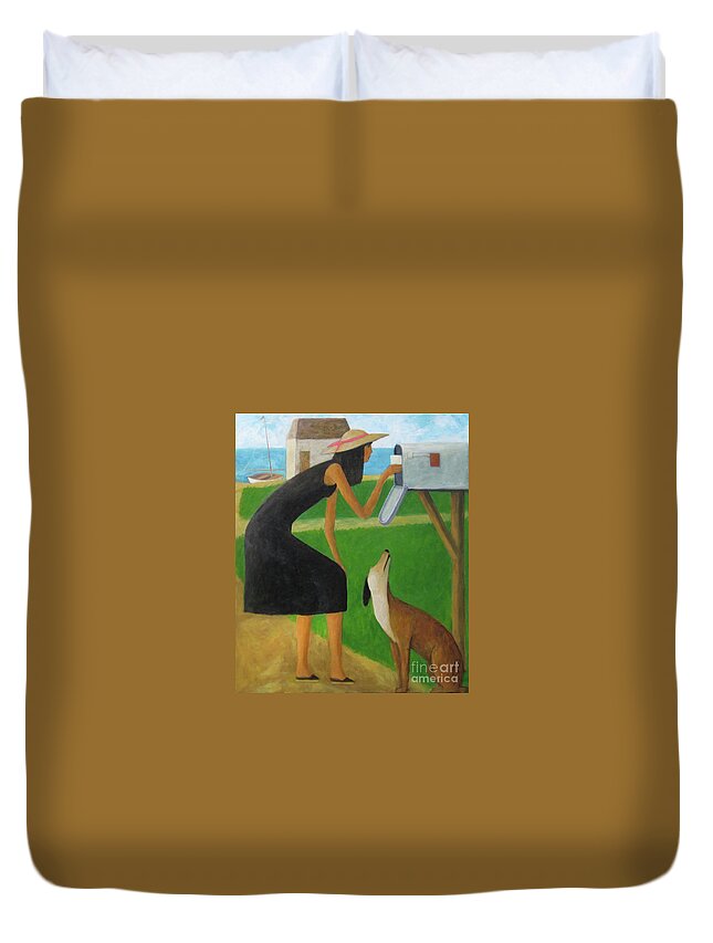 Mailbox. Beach. Dog Duvet Cover featuring the painting Checking The Box by Glenn Quist