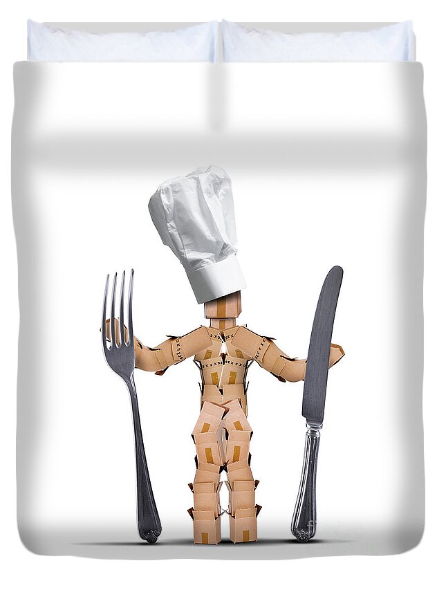 Kitchen Duvet Cover featuring the digital art Chef box man Character with cutlery by Simon Bratt