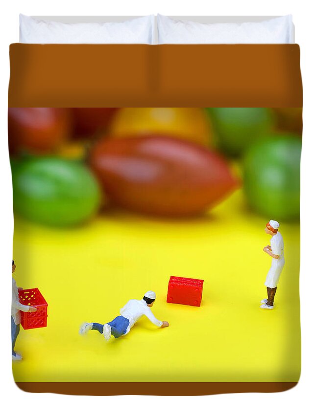 Chef Duvet Cover featuring the painting Chef Tumbled in front of colorful tomatoes little people on food by Paul Ge