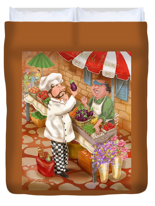 Chef Duvet Cover featuring the mixed media Chefs Go to Market I by Shari Warren