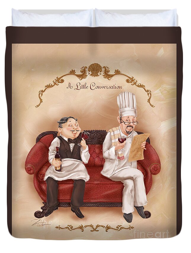 Chef Duvet Cover featuring the mixed media Chefs on a Break-A Little Conversation by Shari Warren