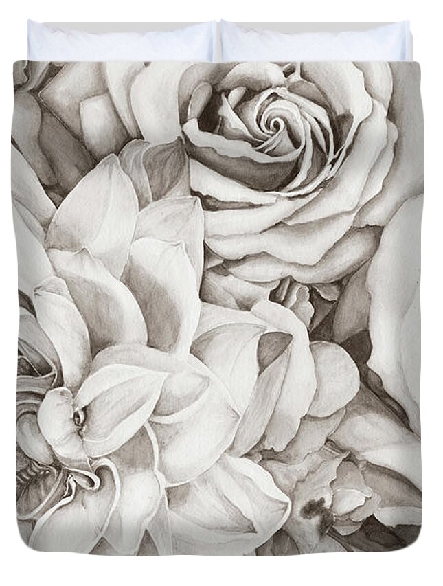 Roses Duvet Cover featuring the digital art Chelsea's Bouquet - Neutral by Lori Taylor
