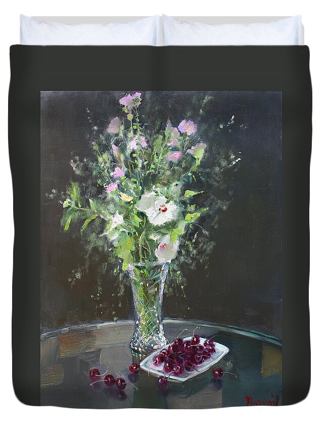 Cherries And Flowers For Her Duvet Cover featuring the painting Cherries and Flowers for Her III by Ylli Haruni