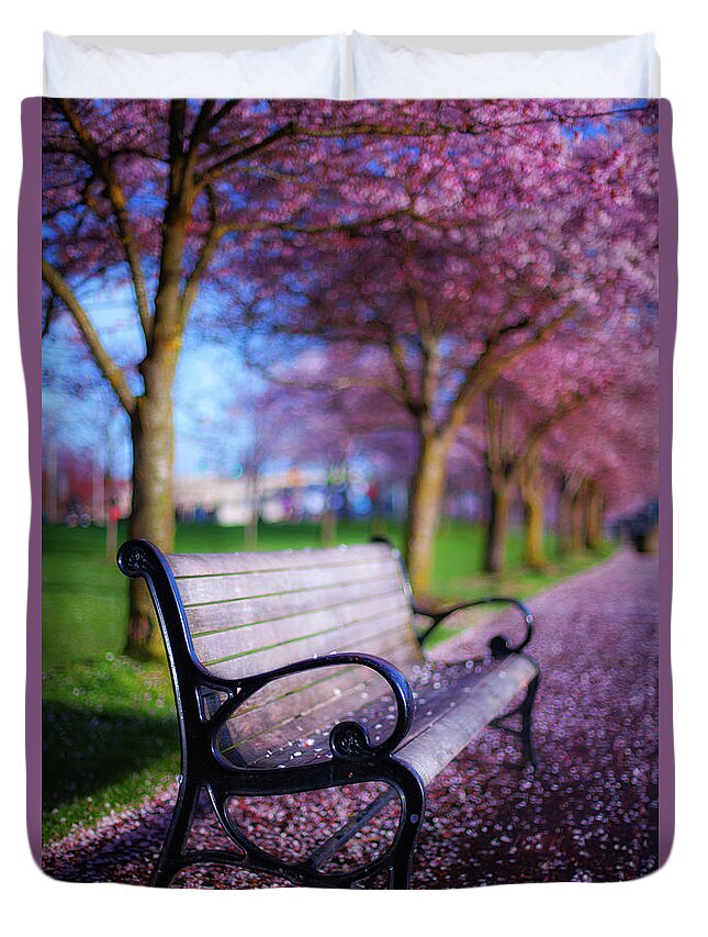 Spring Duvet Cover featuring the photograph Cherry Blossom Bench by Darren White