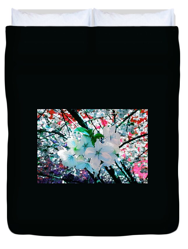 Fantasy Duvet Cover featuring the photograph Cherry Blossom Splash In Turquoise Tint by Rowena Tutty