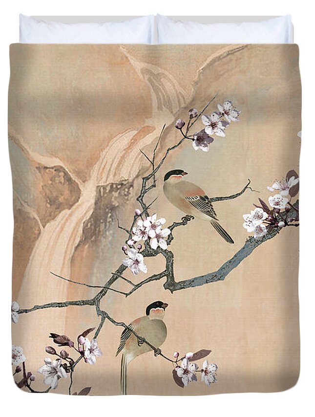 Birds Duvet Cover featuring the digital art Cherry Blossom Tree And Two Birds by M Spadecaller