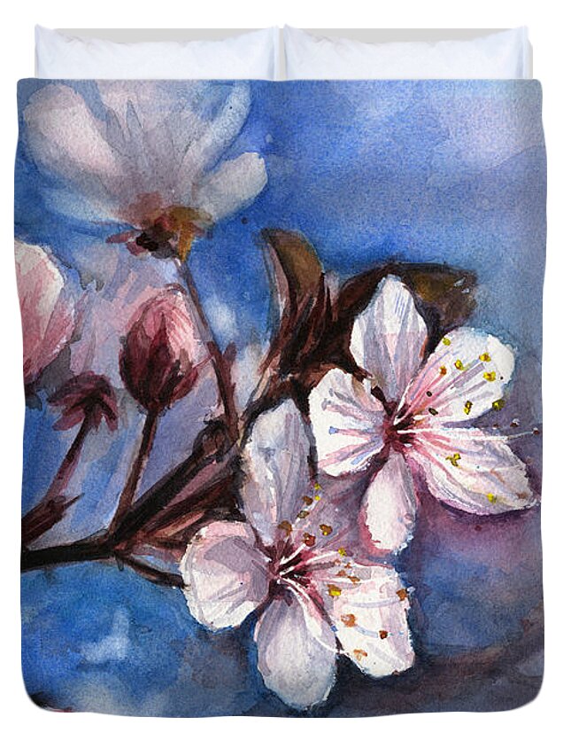 Spring Duvet Cover featuring the painting Cherry Blossoms by Olga Shvartsur