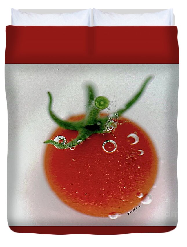 Cherry Tomato Duvet Cover featuring the photograph Cherry Tomato in water by Yumi Johnson