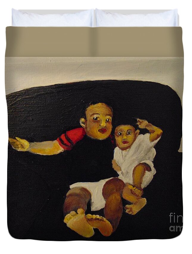 Babies Duvet Cover featuring the painting Cherubs by Saundra Johnson