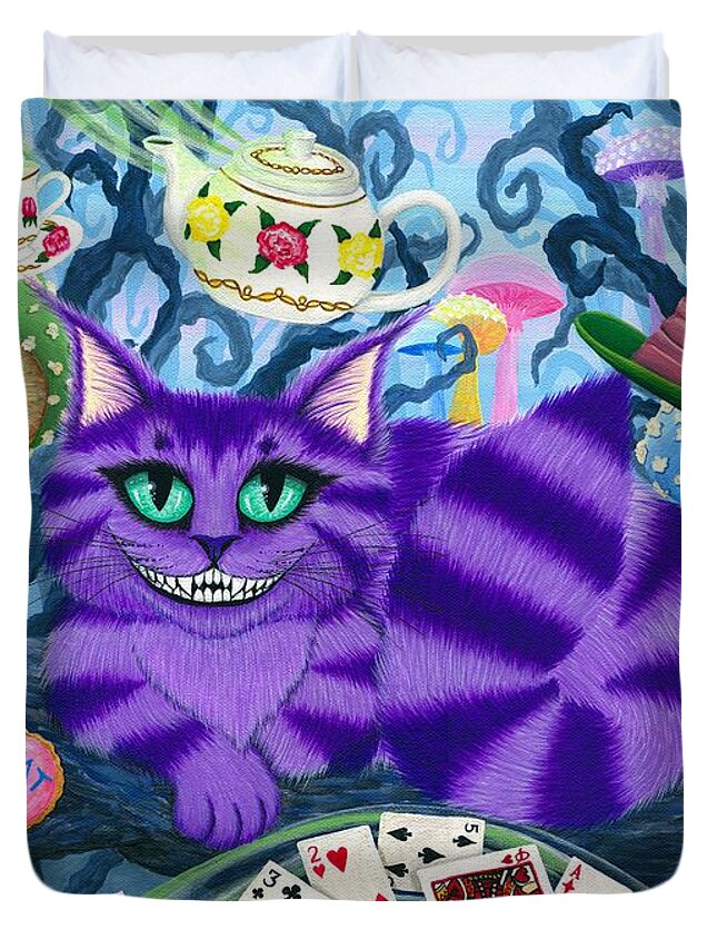 Cheshire Cat Duvet Cover featuring the painting Cheshire Cat - Alice in Wonderland by Carrie Hawks