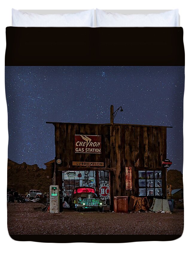 Chevron Duvet Cover featuring the photograph Chevron Gas Station Under The Stars by Susan Candelario