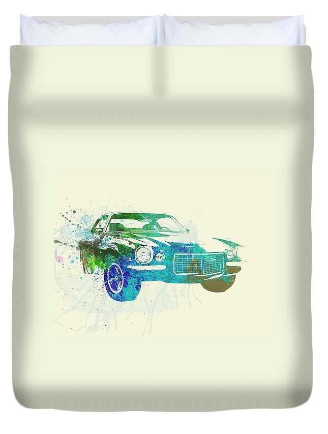 Chevy Camaro Duvet Cover featuring the painting Chevy Camaro Watercolor by Naxart Studio