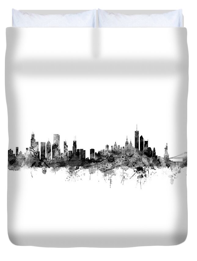 United States Duvet Cover featuring the digital art Chicago and New York City Skylines Mashup by Michael Tompsett