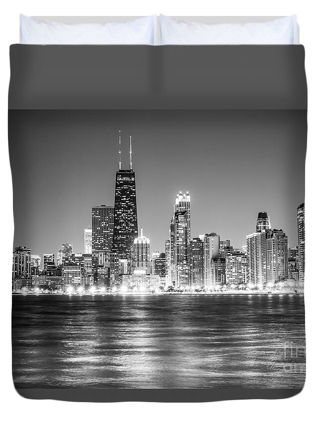2012 Duvet Cover featuring the photograph Chicago Lakefront Skyline Black and White Photo by Paul Velgos