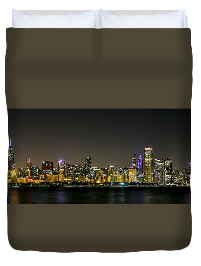 Chicago Duvet Cover featuring the photograph Chicago Night Panorama by Lev Kaytsner