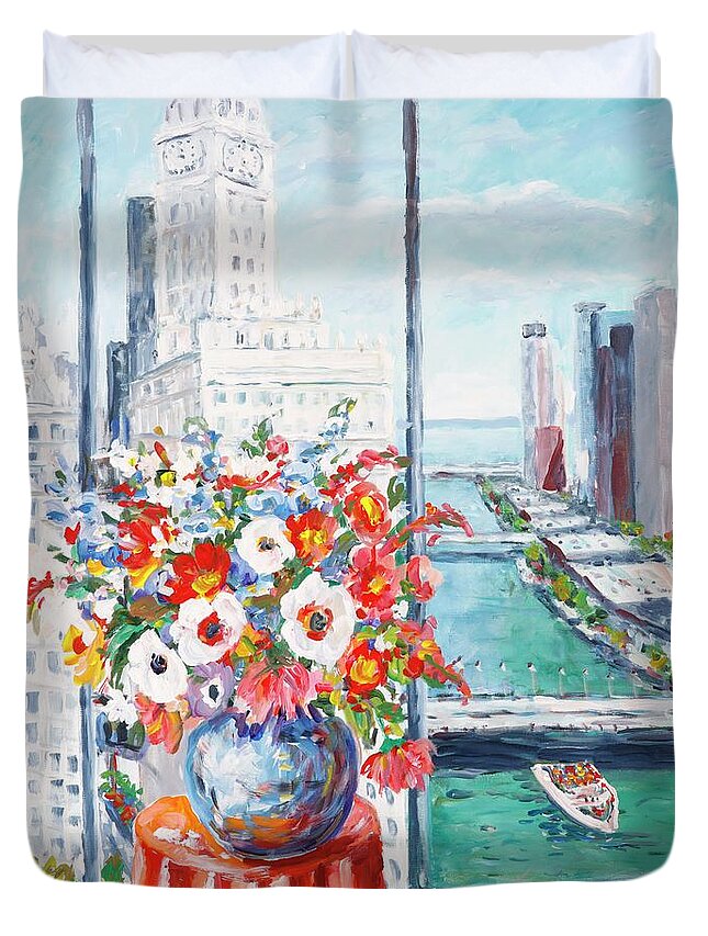 Flowers Duvet Cover featuring the painting Chicago River by Ingrid Dohm