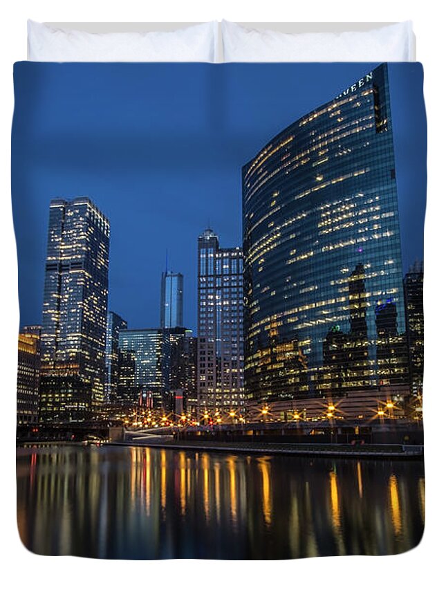 Chicago Duvet Cover featuring the photograph Chicago River Reflections at dusk by Sven Brogren