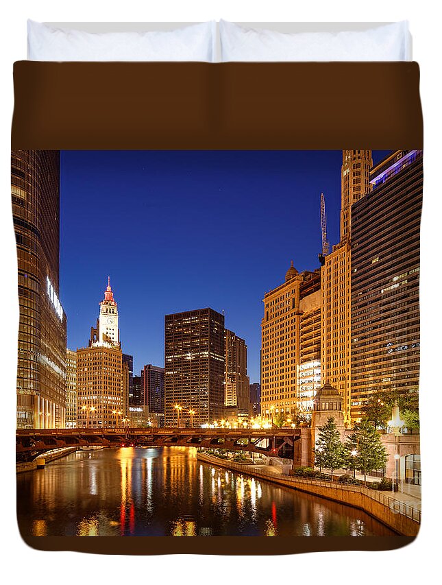 Windy Duvet Cover featuring the photograph Chicago River Trump Tower and Wrigley Building at Dawn - Chicago Illinois by Silvio Ligutti