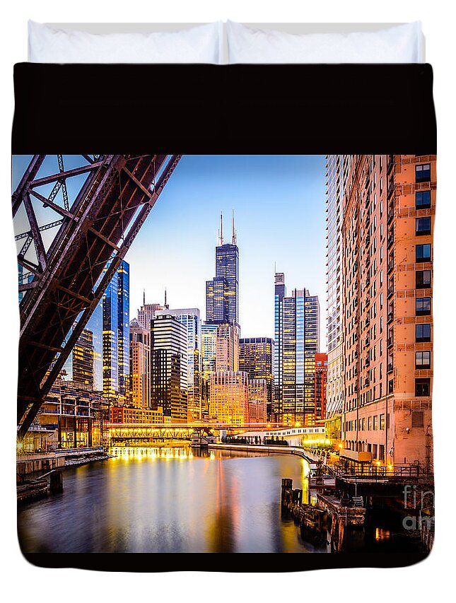 America Duvet Cover featuring the photograph Chicago Skyline at Night and Kinzie Bridge by Paul Velgos