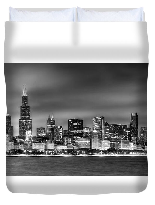 Chicago Skyline Duvet Cover featuring the photograph Chicago Skyline at NIGHT black and white by Jon Holiday