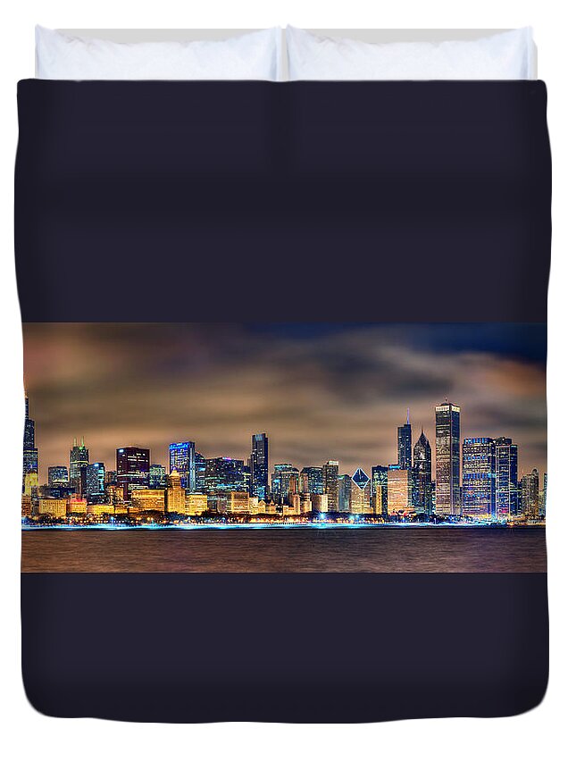 Chicago Duvet Cover featuring the photograph Chicago Skyline at NIGHT Panorama Color 1 to 3 Ratio by Jon Holiday