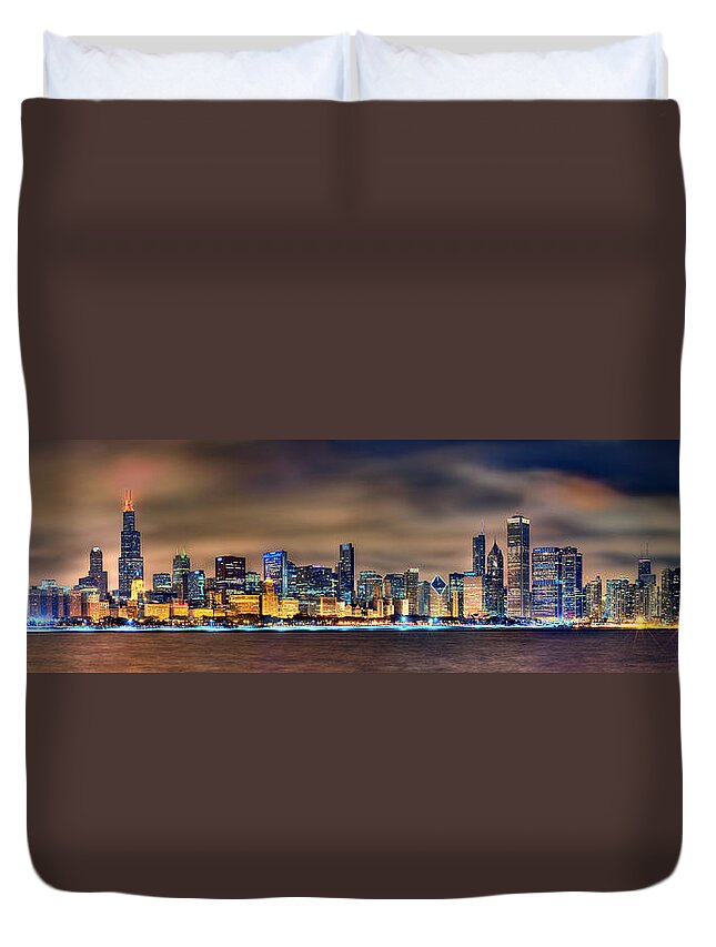 Chicago Skyline Duvet Cover featuring the photograph Chicago Skyline at NIGHT Panorama by Jon Holiday
