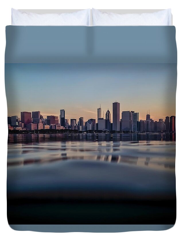 Chicago Skyline Duvet Cover featuring the photograph Chicago skyline from half underwater by Sven Brogren