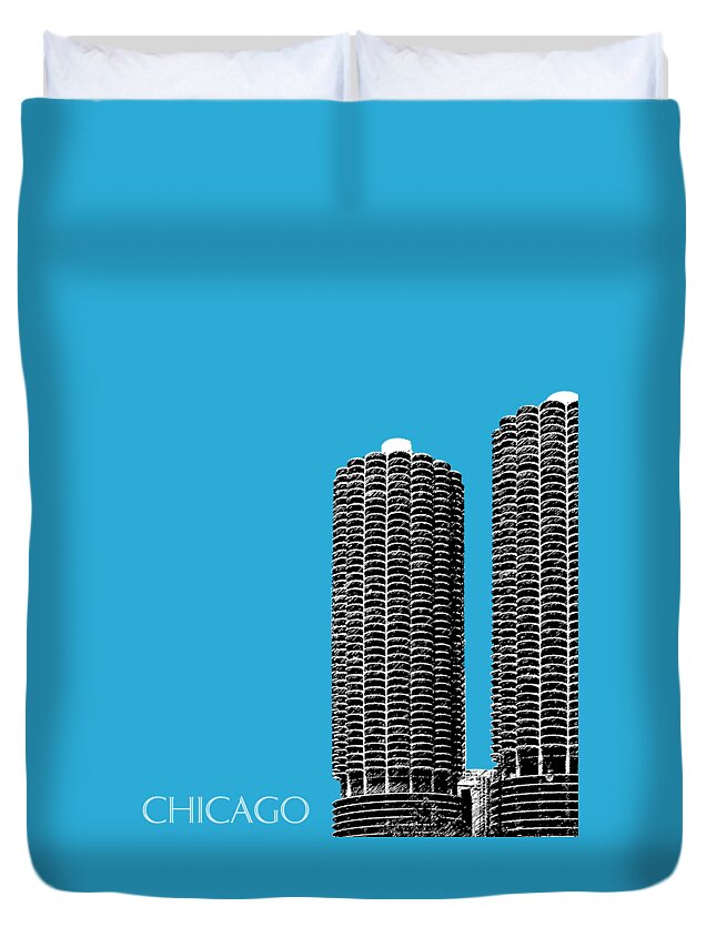 Architecture Duvet Cover featuring the digital art Chicago Skyline Marina Towers - Teal by DB Artist