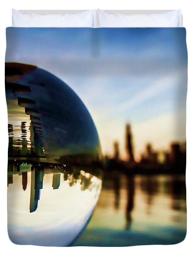 Chicago Duvet Cover featuring the photograph Chicago Skyline though a glass ball by Sven Brogren