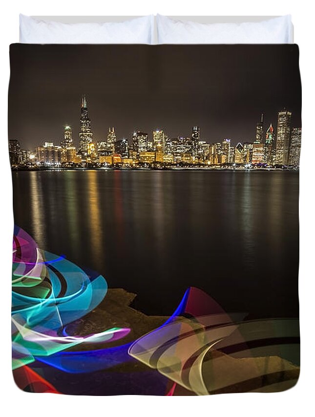 Chicago Duvet Cover featuring the photograph Chicago Skyline with pixel stick painting by Sven Brogren