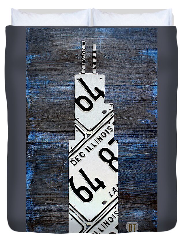 Chicago Duvet Cover featuring the mixed media Chicago Windy City Harris Sears Tower License Plate Art by Design Turnpike
