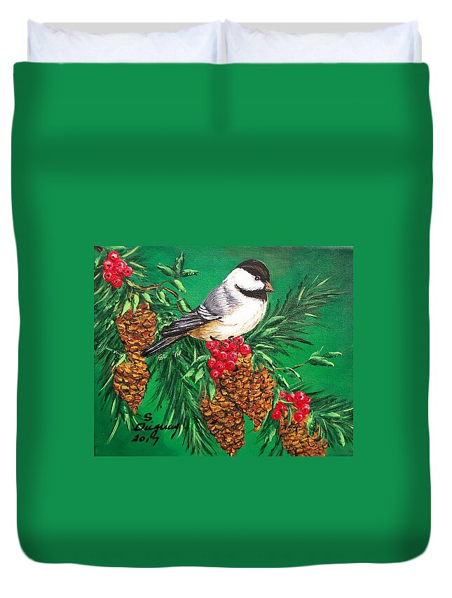 Chickadee Duvet Cover featuring the painting Chickadee and Pine Cones by Sharon Duguay