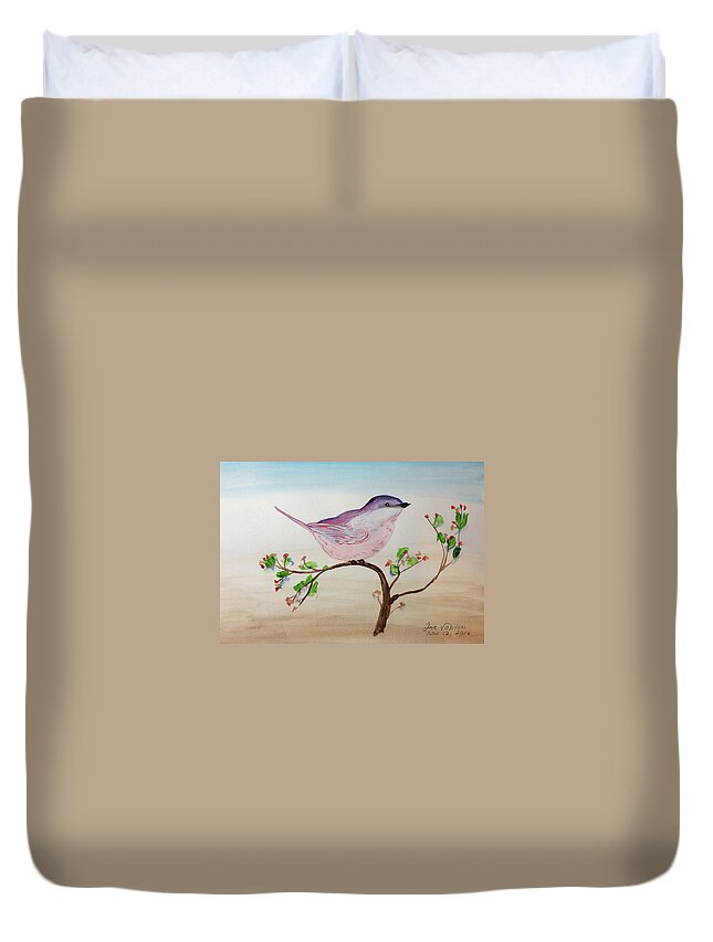 Watercolor Duvet Cover featuring the painting Chickadee standing on a branch looking by Martin Valeriano