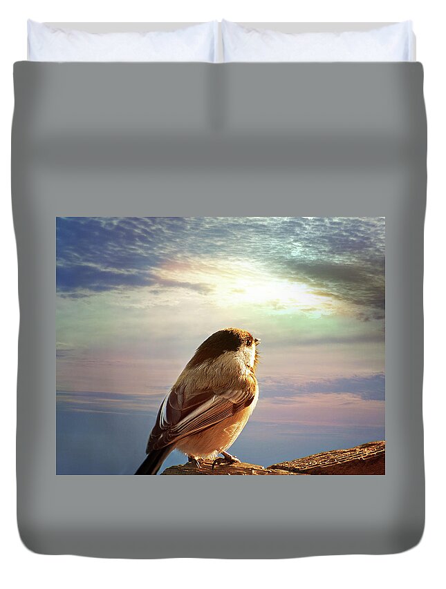 Chickadee Print Duvet Cover featuring the photograph Chickadee Sunrise by Gwen Gibson