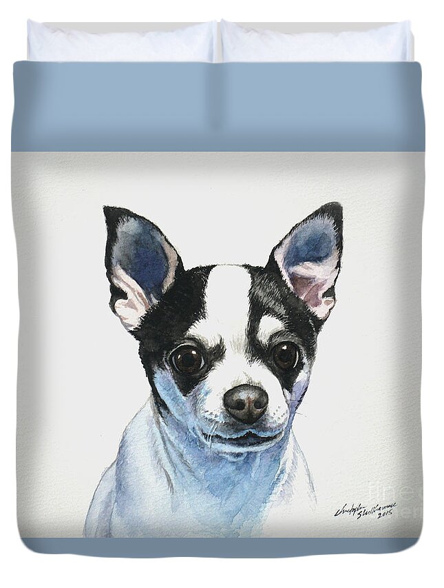 Chihuahua Duvet Cover featuring the painting Chihuahua Black Spots with White by Christopher Shellhammer