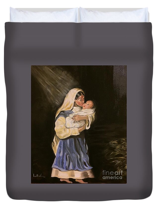 Jesus Duvet Cover featuring the painting Child in Manger by Brindha Naveen