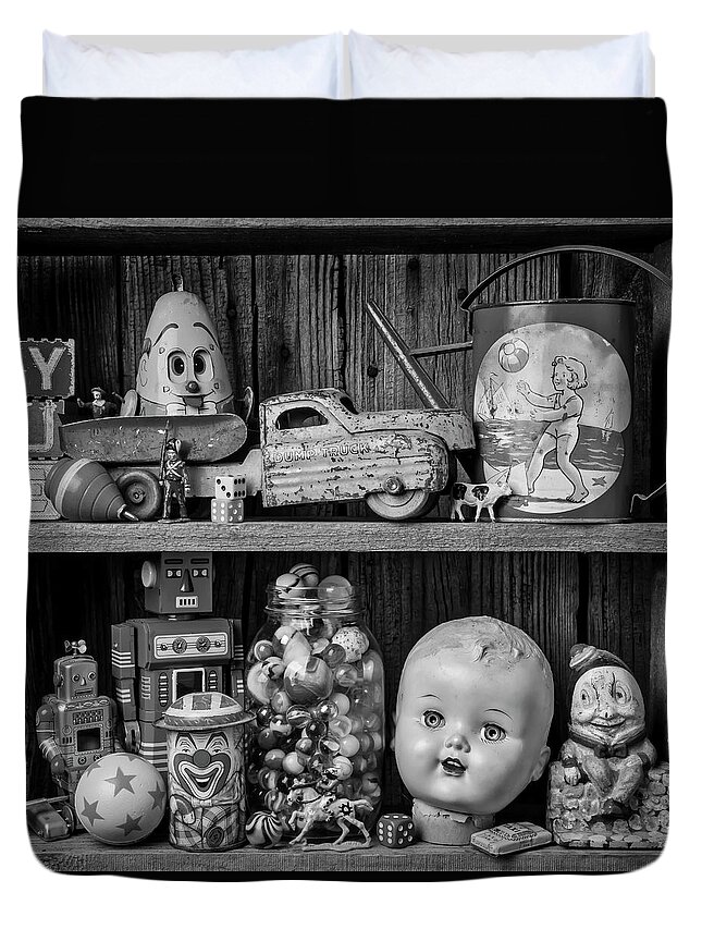 Shelf Duvet Cover featuring the photograph Childhood Toys On Old Shelf by Garry Gay