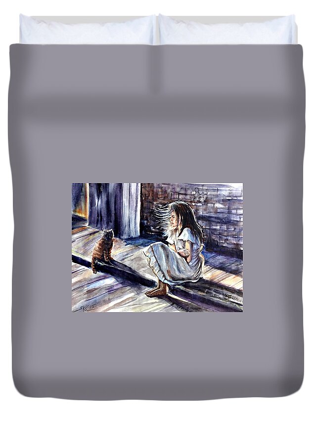 A Girl Duvet Cover featuring the painting Chilling night by Katerina Kovatcheva
