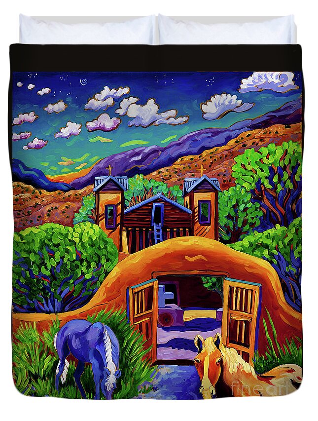Chimayo Duvet Cover featuring the painting Chimayo Horses Golden Hour by Cathy Carey