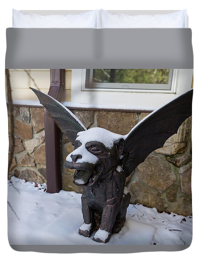 Gargoyle Duvet Cover featuring the photograph Chimera In The Snow by D K Wall