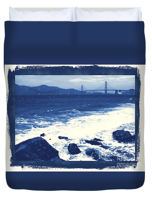 San Francisco Duvet Cover featuring the photograph China Beach and Golden Gate Bridge with Blue Tones by Carol Groenen