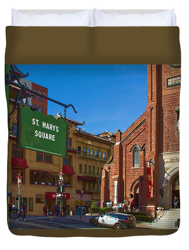 Bonnie Follett Duvet Cover featuring the photograph Chinatown View from St. Mary's Square by Bonnie Follett