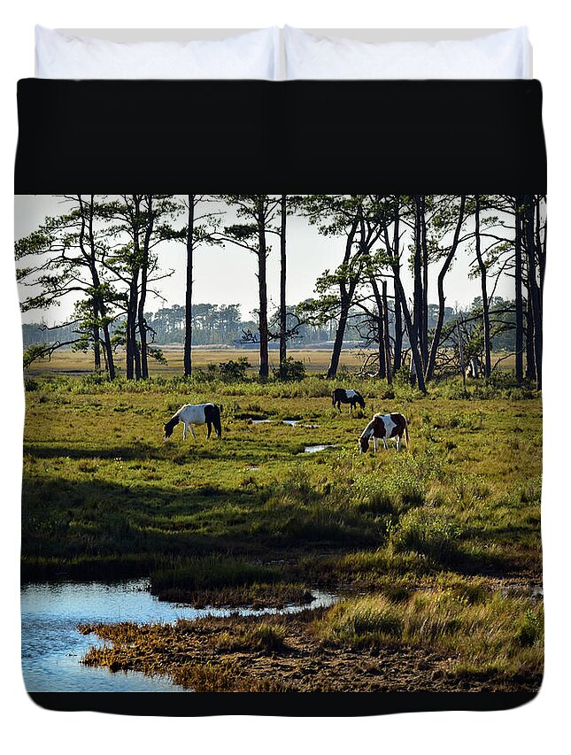 Chincoteague Duvet Cover featuring the photograph Chincoteague Ponies by Nicole Lloyd