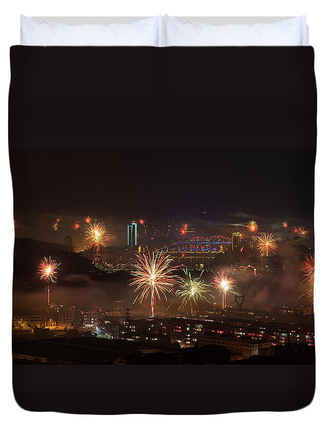 Fireworks Duvet Cover featuring the photograph Chinese New Year Fireworks 2018 I by William Dickman