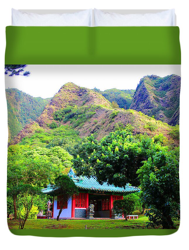 Japanese Temple Duvet Cover featuring the photograph Chinese Pagoda in Maui by Michael Rucker