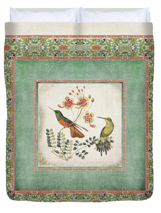 Chinese Ornamental Paper Duvet Cover featuring the digital art Chinoiserie Vintage Hummingbirds n Flowers 1 by Audrey Jeanne Roberts