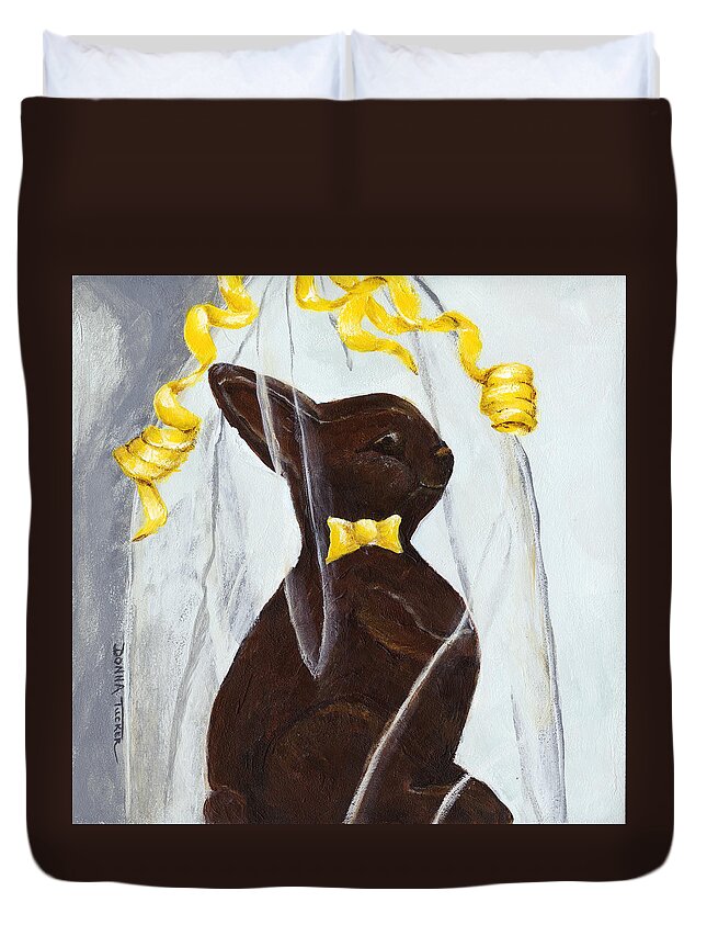 Cellophane Wrapped Bunny Duvet Cover featuring the painting Chocolate Easter Bunny by Donna Tucker