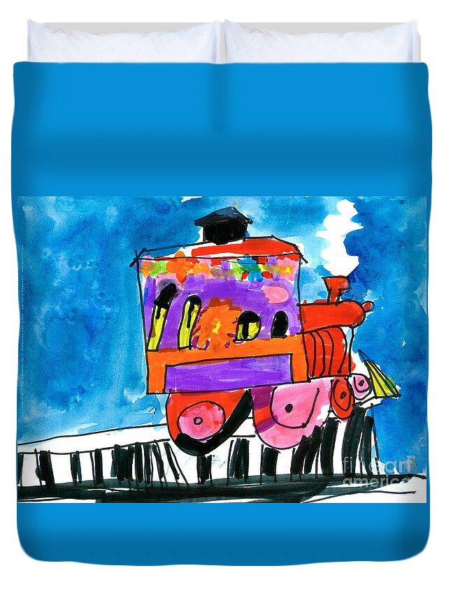Trains Duvet Cover featuring the painting ChooChoo Train by Gina Barba Age Five