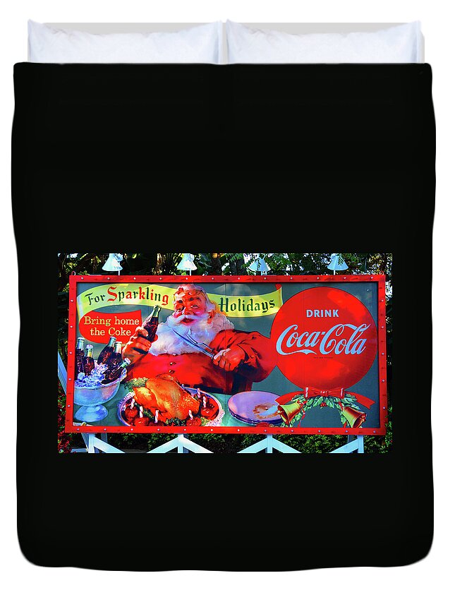 Vintage Christmas Billboard Sign Duvet Cover featuring the photograph Christmas and Coke billboard sign by David Lee Thompson